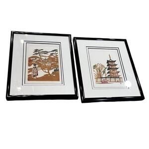 PAIR of woodblock prints Pagoda And Village Scene Japanese 8x10 Framed Wall Art